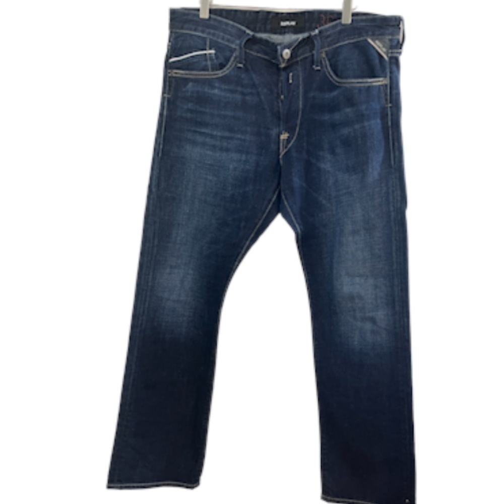 Replay Men Jeans Size 36 Blue Denim Straight Leg Button Fly Dark Wash Faded Luxe